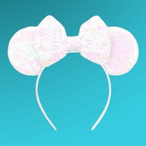 Disney Minnie Mouse Ear Headband Glitter White Sparkle Shimmer Sequins with Bow.